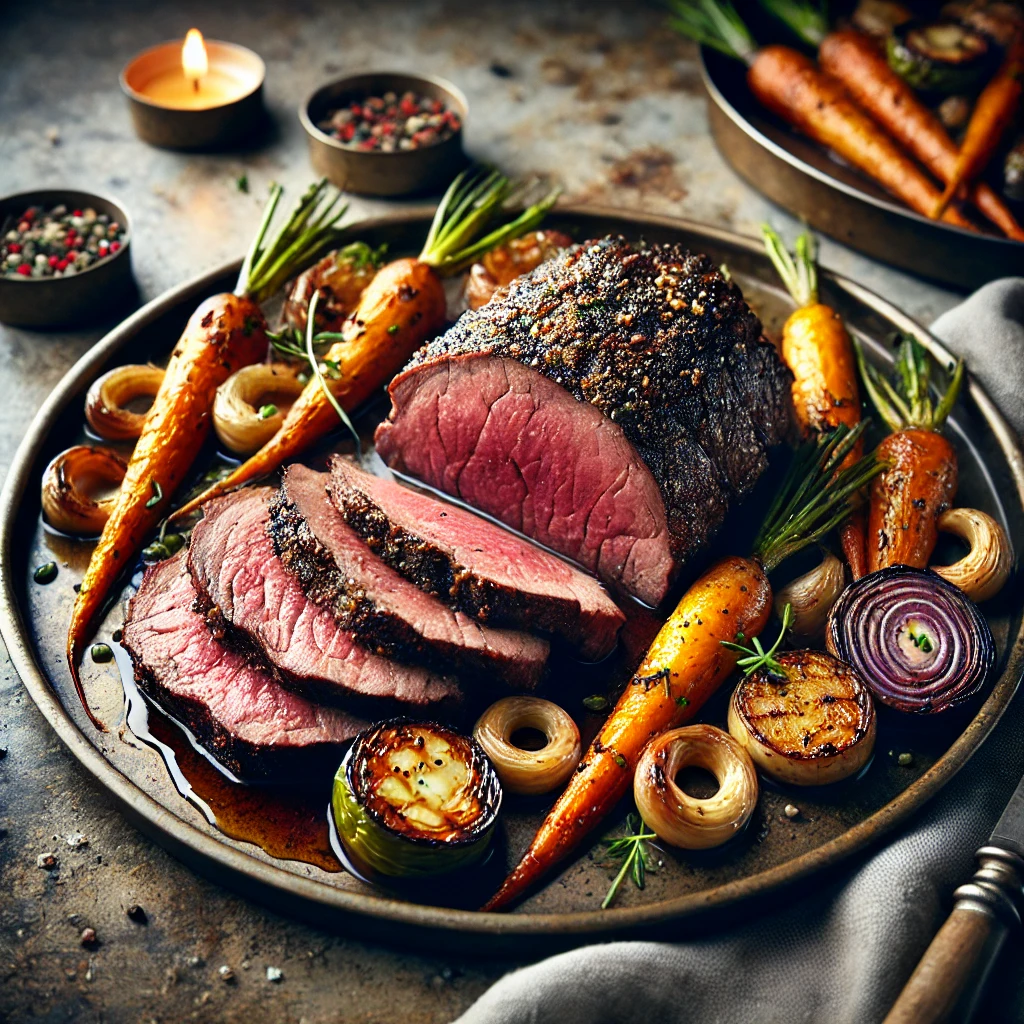 A Perfectly Cooked Roasted Scottish Wild Venison Roast, Sliced To Reveal A Tender, Juicy Interior With A Golden Brown Seared Crust.