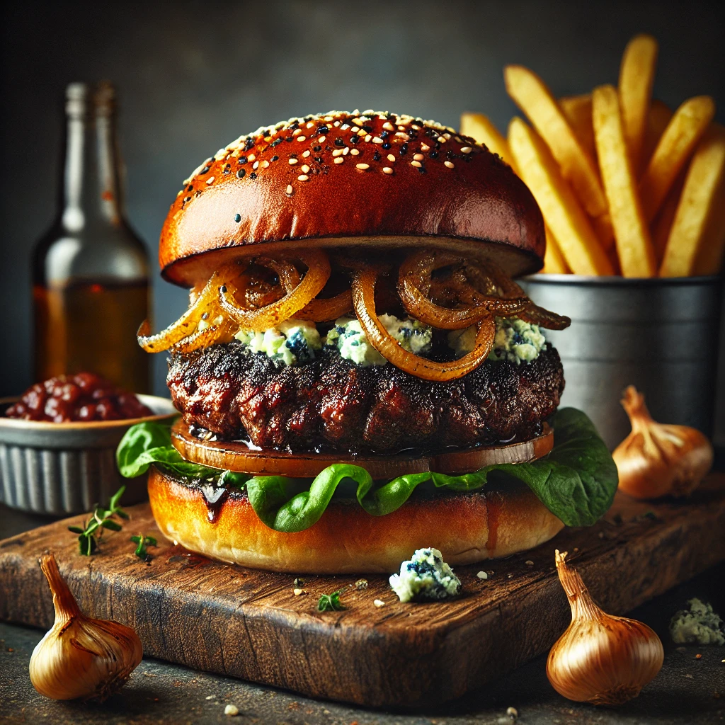 Scottish Wild Venison Burger With Blue Cheese And Caramelised Onions